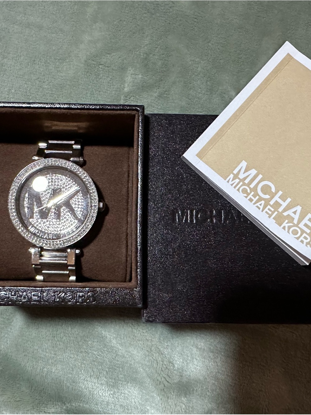 Michael Kors Silver Crystal-Embellished Men’s Logo Bracelet Watch